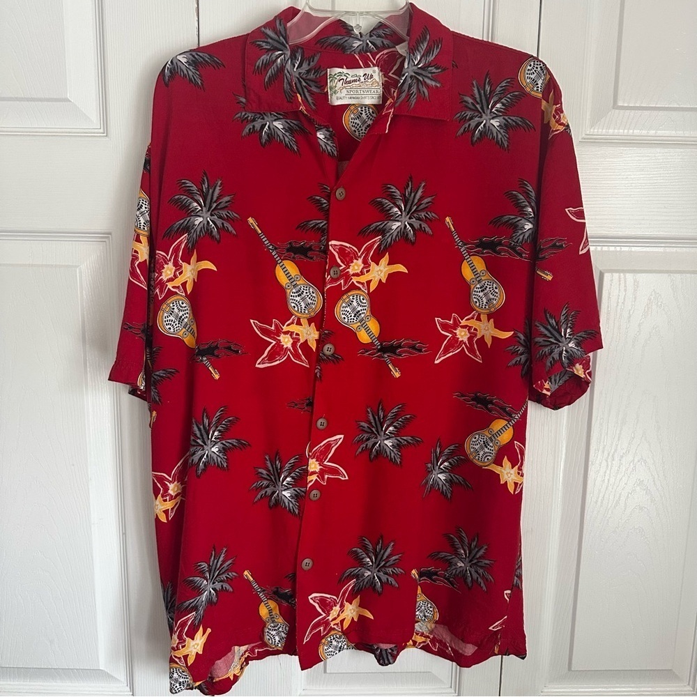 Vintage Thumbs Up Hawaiian Shirt Mens Sz L Short Sleeve Guitars Tropical Beach